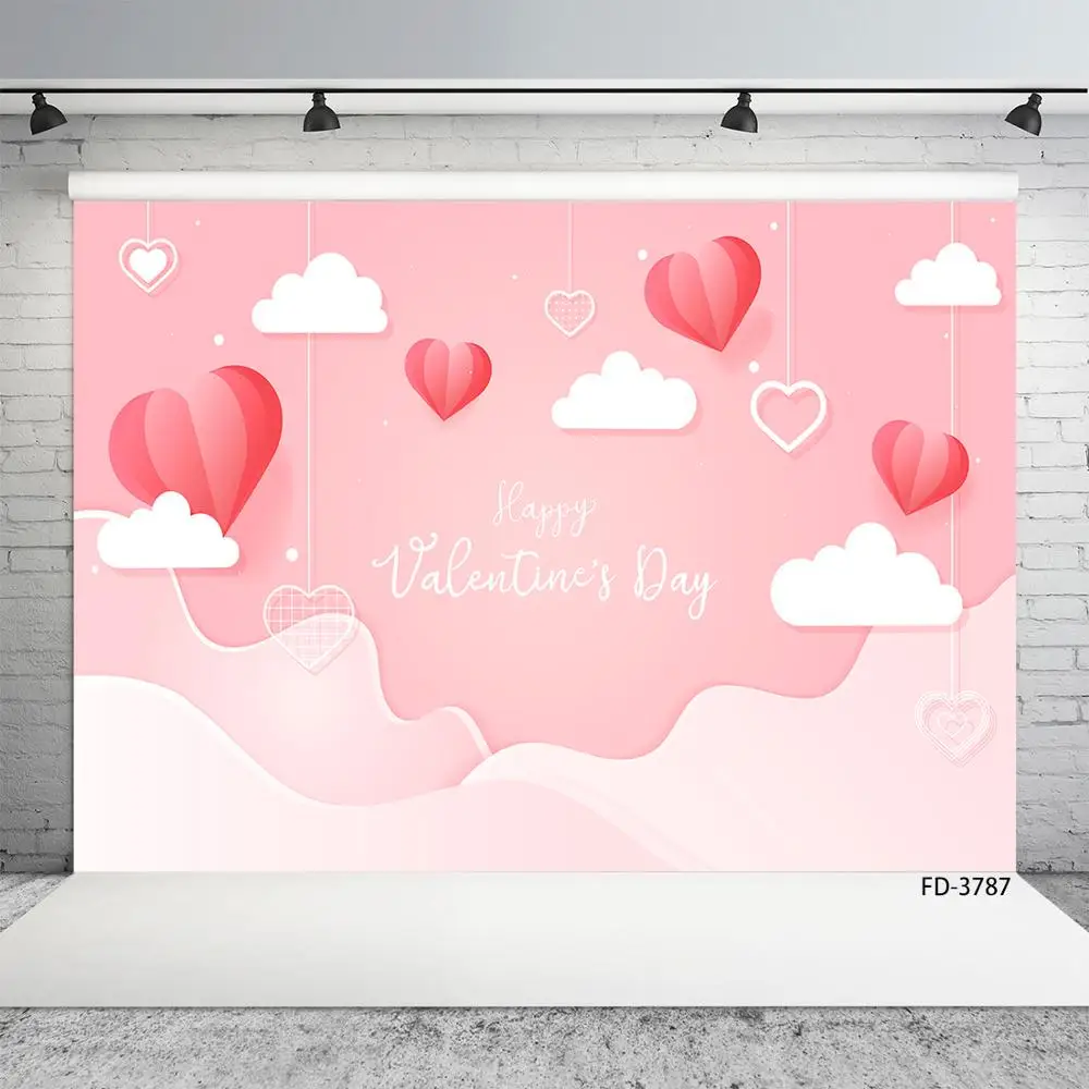 

Photo Backdrop Hearts Clouds Pink Computer Printed Backgrounds for Lovers Valentines Day Wedding Photophone Photography Props