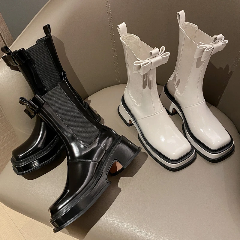 Modern Boots New Women's Autumn and Winter Round Head Side Zipper Lace Up Middle Leg Gothic Boot Platform Kawaii Botas Mujer