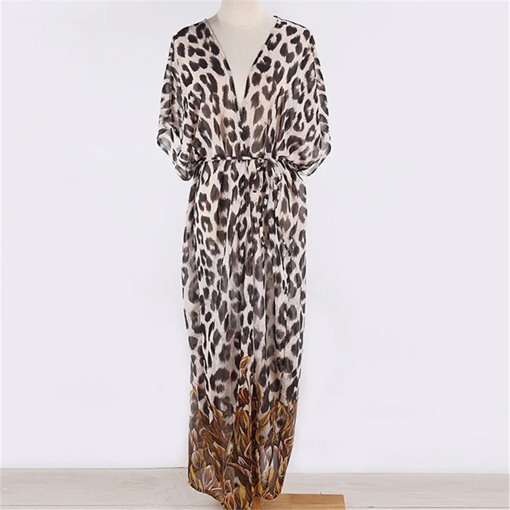 Леопардовый принт шифоновый кардиган бикини накидка парео Пляжная туники летний