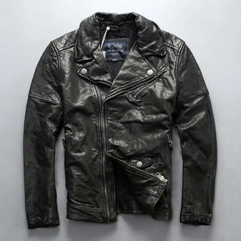 

2021 Genuine Leather motorcycle jacket Men's Leather Jacket Vegetable-tanned goatskin Diagonal zipper lapel leather coat black