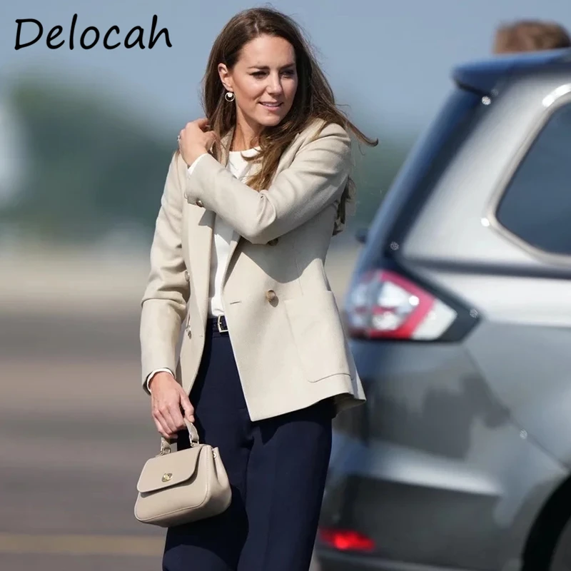 

Delocah New 2021 Autumn Women Fashion Runway Warm Jacket Kate Middleton Long Sleeve Double Breasted Solid Print Slim Short Coats