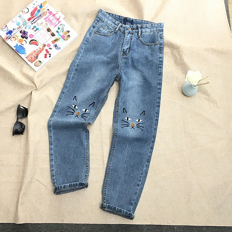 Джинсы женские с эффектом пуш-ап и вышивкой кота завышенной талией джинсы для