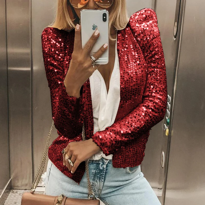 Red 2XL блестящая женская куртка с блестками и длинным рукавом, модное пальто со стоячим воротником, Осень-зима, Женская Блестящая однотонная верхняя одежда, топы - Цвет: Red