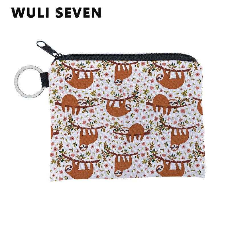 

WULI SEVEN Cute Cartoon Sloth Printing Brown Color Coin Purse Waterproof Small Zipper Card Key Pouch Square Wallet