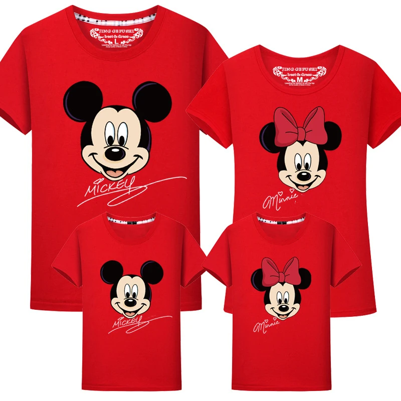 Disney Family Matching Clothes Cartoon Mickey Minnie Printed T-shirts Mother and Daughter Tops Dad Son Mom Family Look Kids