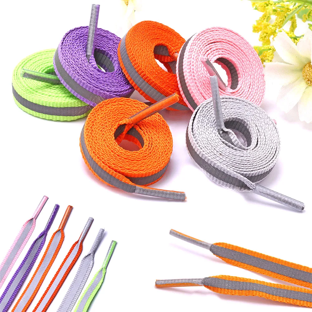 1 Pair Flat 8mm Reflective Runner Shoe Laces Safety Luminous Glowing Shoelaces Unisex For Sport Basketball Canvas Shoes
