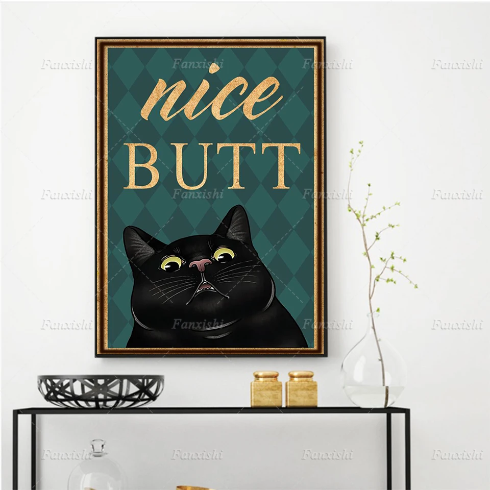 

Funny Bathroom Black Cat Nice Butt Posters Nordic Wall Art Prints Animal Retro Canvas Painting Hd Modular Pictures Toilet Decor