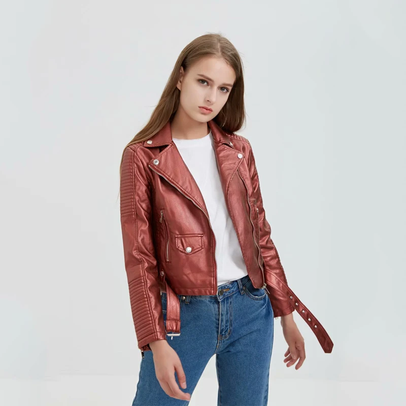 Женская байкерская куртка TMODA286 из искусственной кожи красная мотоциклетная