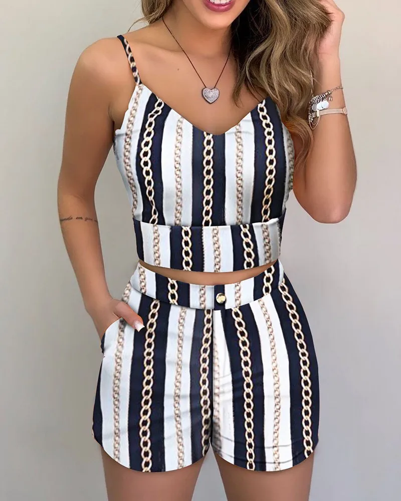 

2021 summer new print slim sling V-neck open navel shorts two-piece suit women
