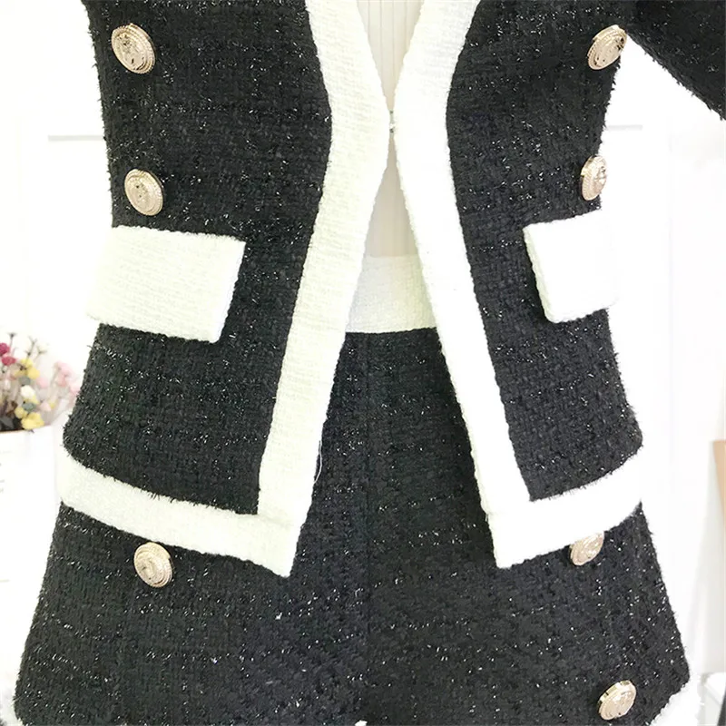 Женский твидовый костюм с люрексом пиджак длинным рукавом и шорты на пуговицах