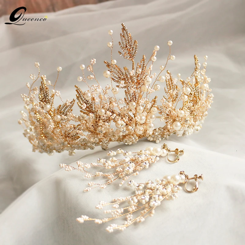 

Fashion Luxury Crown Wedding Headband Bridal Tiara Diadema Pearl Jewelry Gold Color Hair Accessories Headbands Women Headpiece