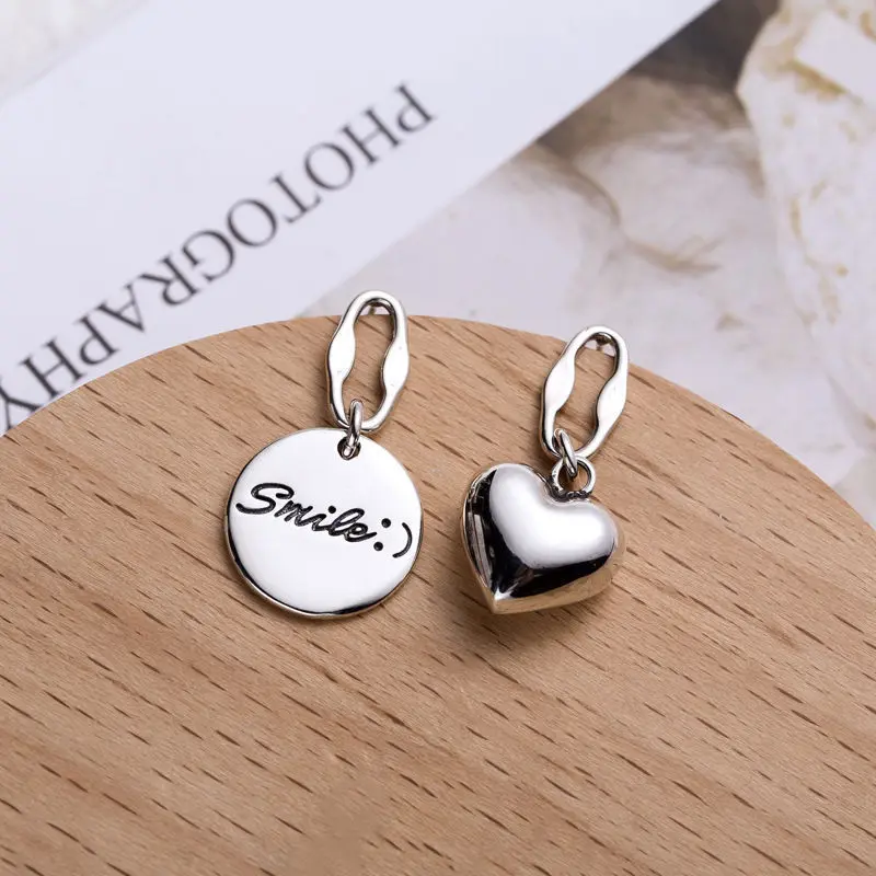 925 Silver Needle Asymmetry Smile Letter Tag & Love Heart Ladies Tassels Stud Earrings Jewelry Accessories No Fade