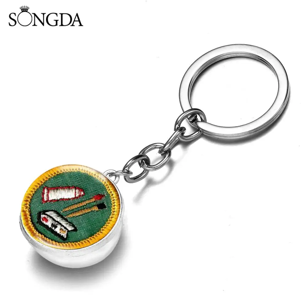 2020 New Arrival Girl Scout Keychain Junior Retired Camping Cadette Merit Glass Ball Key Chain Honor Jewelry for Girls