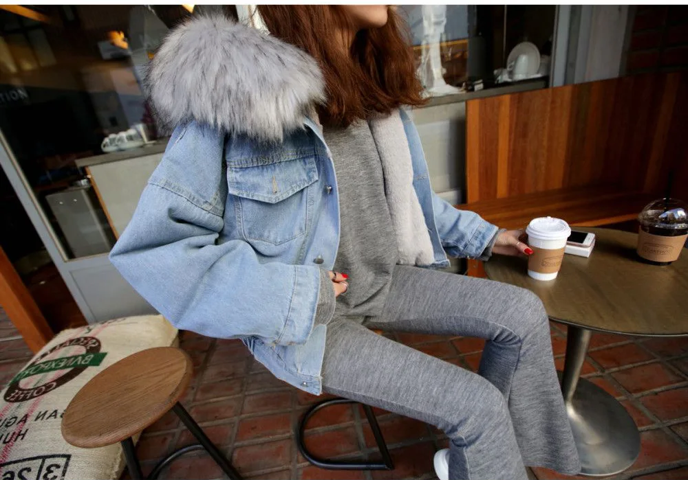 Новинка зимы джинсовая одежда Chaqueta короткая куртка с большим меховым воротником, пальто с искусственным мехом JN902
