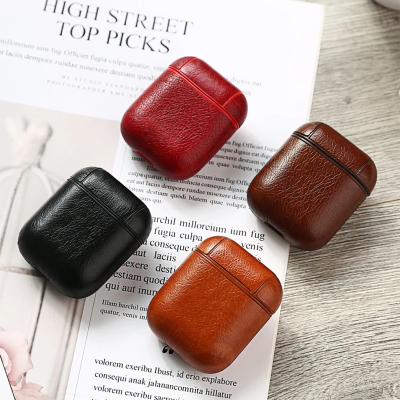 

leather Case For Airpods 2 Strap PC+Leather Cover Cases with Buttons Leather Protective Skin for Airpods