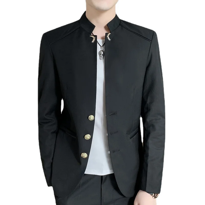 Chaqueta de traje con cuello levantado para hombre, Blazer informal de negocios de estilo chino Simple, color negro/azul marino/rojo vino, marca de moda
