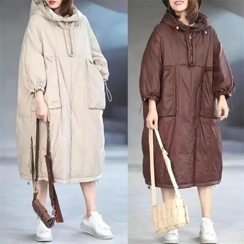 2021 Winter Special Design Korean Casual Long Hooded Sweatshirt Down Jacket Women Loose Half Zipper Hedging Parkas Mujer M179