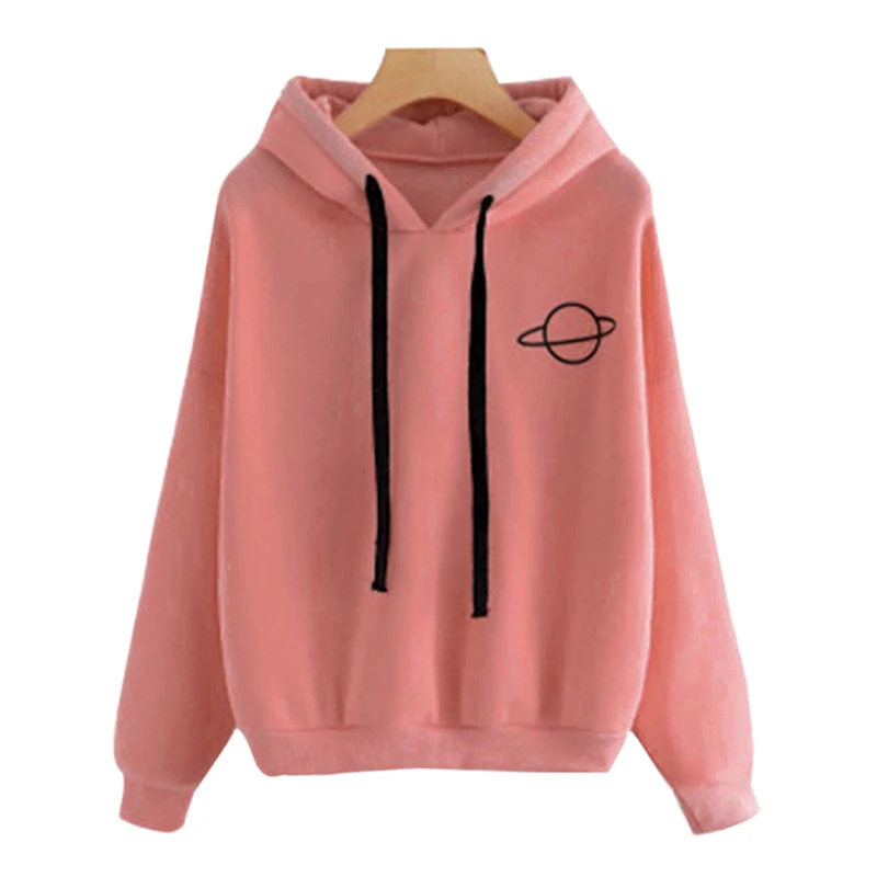 Women Hoodies Casual Kpop Planet Print Solid Loose Drawstring Sweatshirt Fashion Long Sleeve Hooded 2021 Autumn Female Pullover
