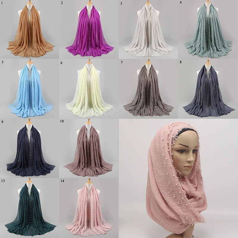 

Islamic Hijabs Muslim Head Scarves Fringe Crumple Women Scarf Cotton Scarf Wrinkle Shawls Hijab Scarf Beads Bubble Pearl Shawls
