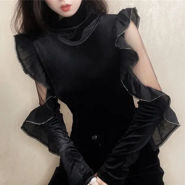 

2022 Evening Sexy Elegant Shirt Hollow Pullover Ruffle Elegant Cute Top Office Lady Aesthetic Clothes Women's Clothes Party