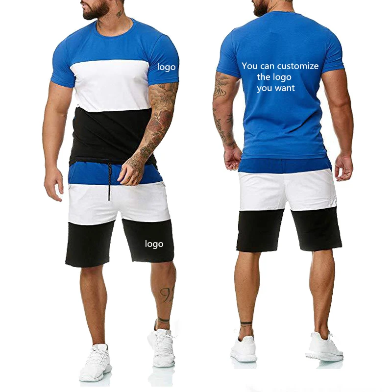 

New Summer Men's Short Sleeve Custom Logo Car Logo Printing Splice High Quality Cotton Men's T-Shirt Pants Suit 2Pc Short Sets