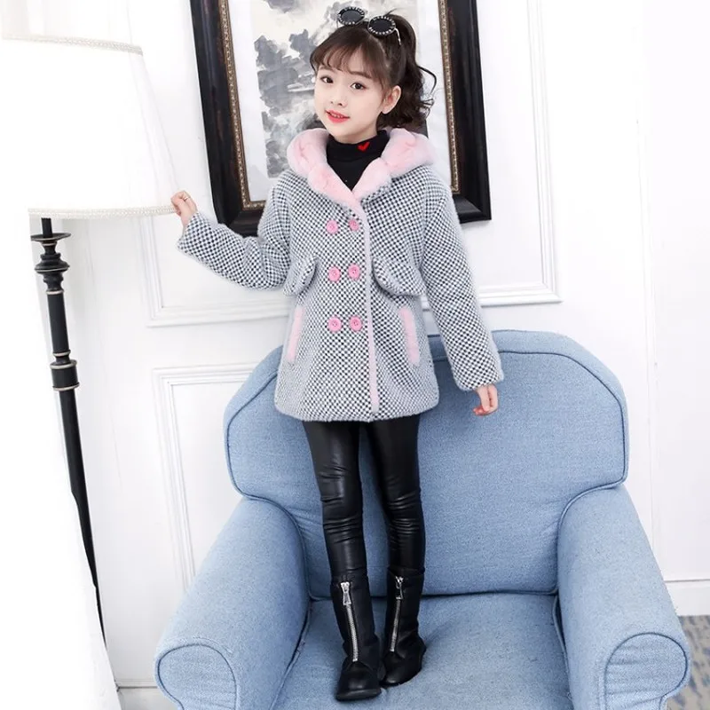 

4-16Y Girls Woolen Blends Coat Autumn Baby Wool Coat for Girls Costume Thick Snowsuits Hooded Cotton Kids Coat Children Clothing