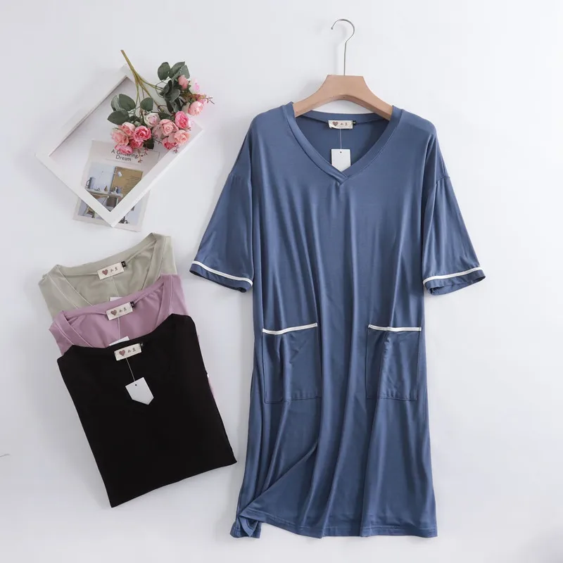 

Large Size Loose Nightgowns For Women Short Sleeve V Neck Pocket Dress Comfortable Modal Spring Summer Nightshirt Female 8 Color