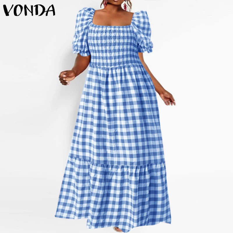 

2022 летнее платье VONDA, женское богемное клетчатое сексуальное винтажное длинное платье макси с коротким рукавом и квадратным вырезом, праздн...