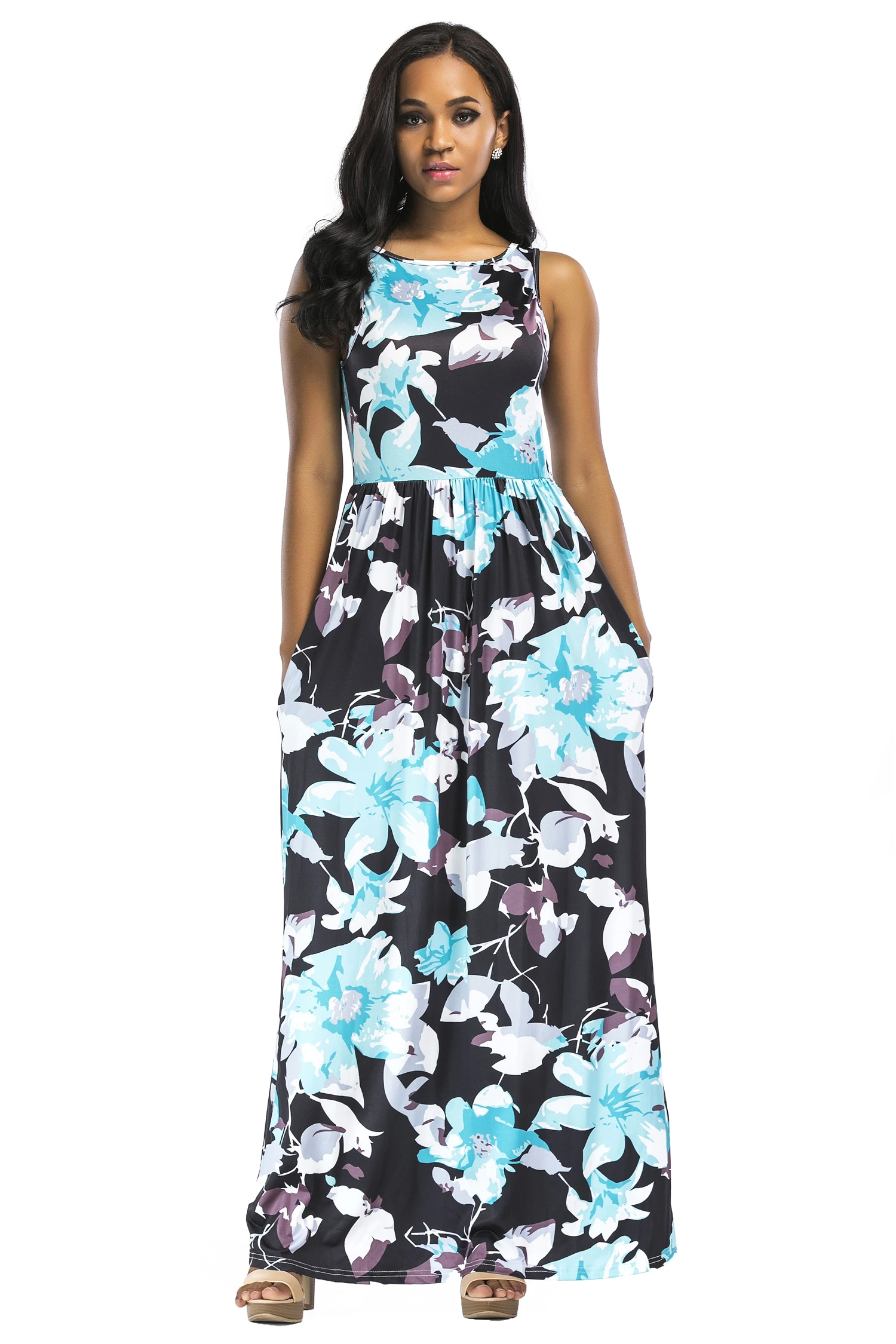 2019 летнее платье Для женщин с О образным вырезом без рукавов цветком принтом