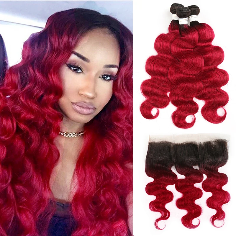 

1B/Burgundy Brazilian Body Wave Human Hair Bundles With Frontal 13x4 SOKU 3PCS Ombre Red Hair Bundles With Closure Non-Remy Hair