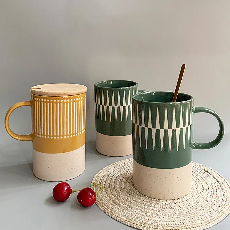 

Керамические чашки для чая и молока с крышкой, ложка, креативная прямая кофейная кружка, чашки для кафе, Япония, зеркальные кофейные чашки в ...