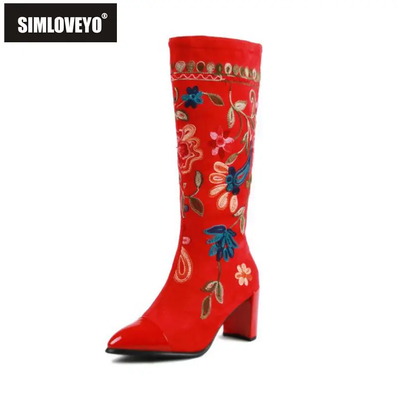 SIMLOVEYO женские сапоги до колена с острым носком на толстом квадратном каблуке из