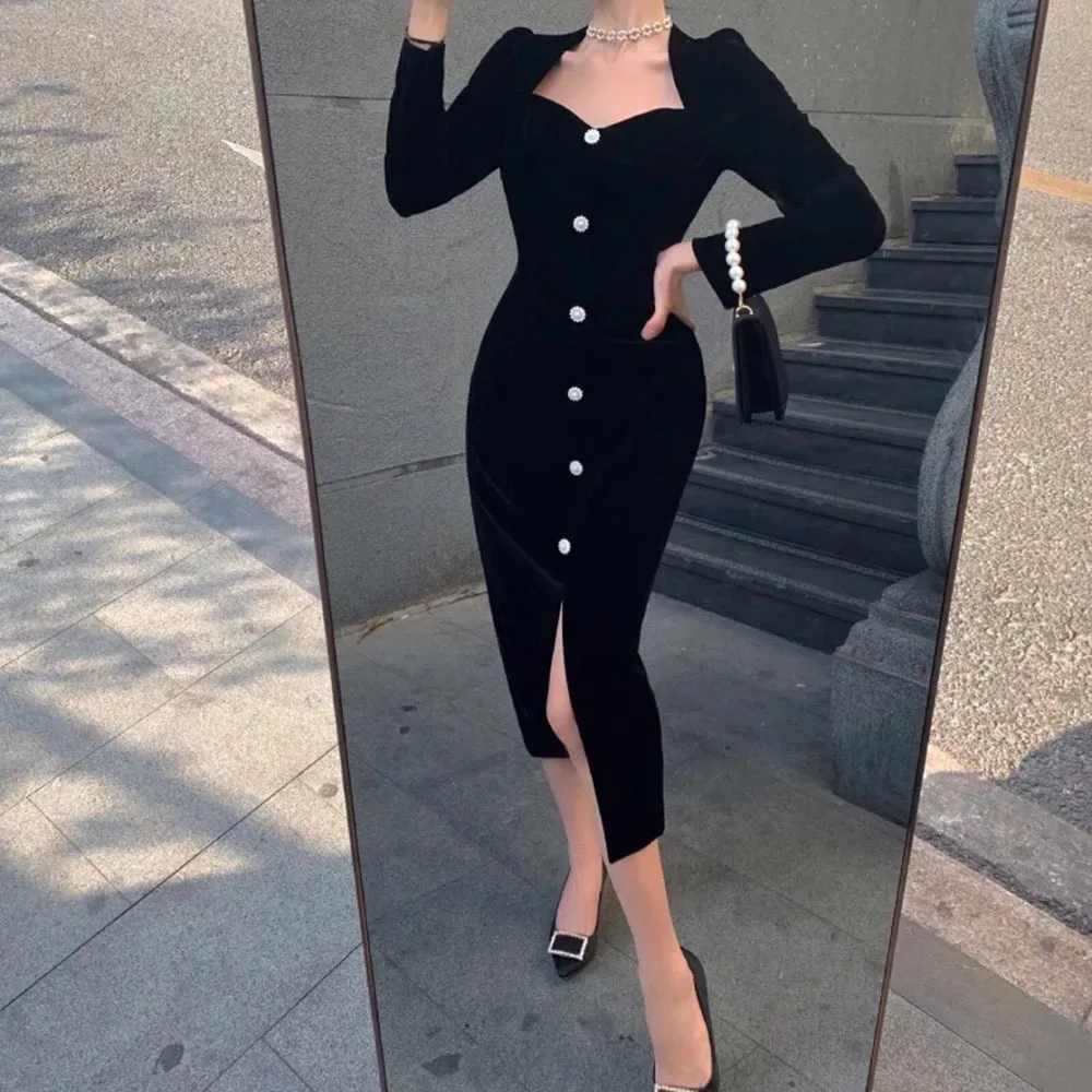 Женское вельветовечерние платье элегантное винтажное черное во французском