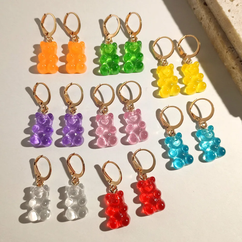 Flatfoosie Multicolor Resin Gummy Bear Drop Earrings for Women Cute Transparent Jelly Cartoon Bear Dangle Earring Trendy Jewelry