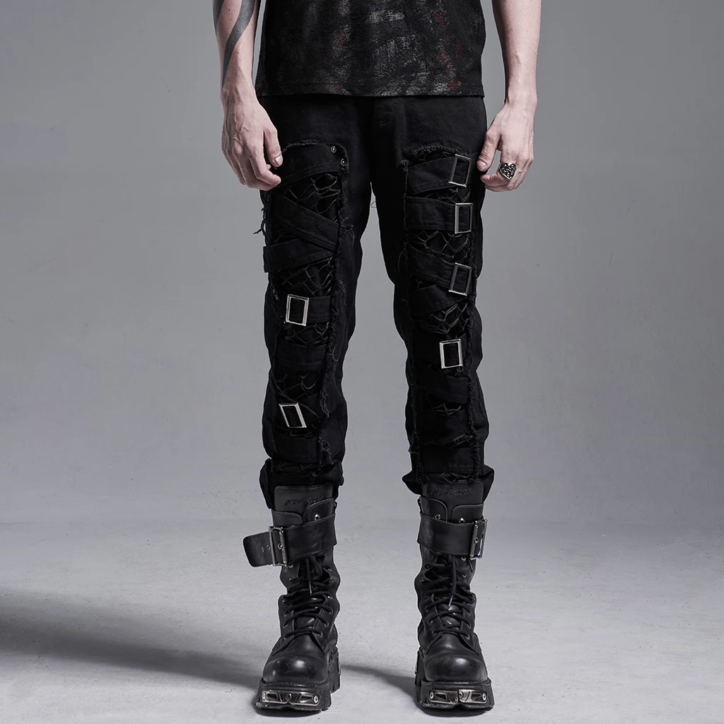 

Handsome Tattered Cotton Gothic Daily Twill Woven Casual Pencil Pants Men's Punk Slim Fit Decadent Trousers Streetwear PUNK RAVE