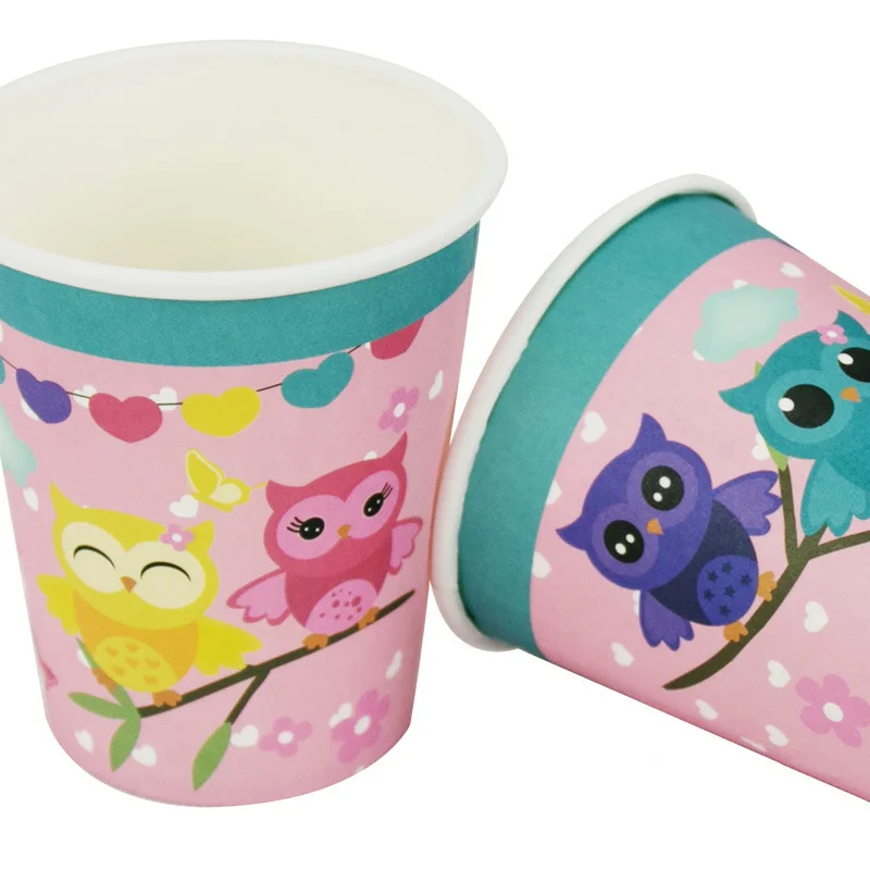 Розового цвета с рисунком Совы тема набор одноразовой посуды лоток бумажный