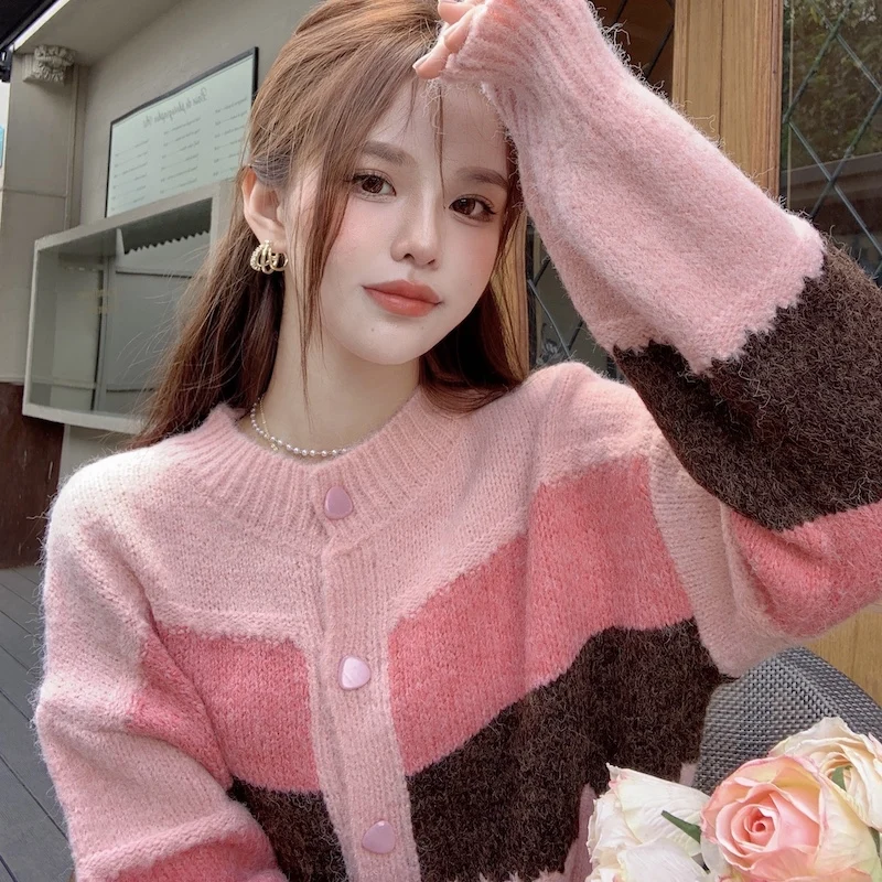 

Корейский шикарный свитер контрастных цветов в стиле пэчворк, женские осенние облегающие вязаные топы с асимметричным воротником и длинны...