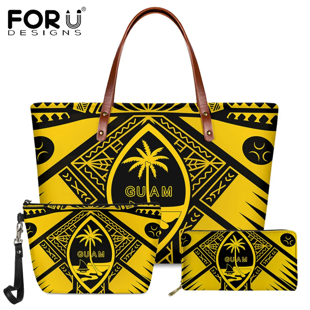 

FORUDESIGNS Polynesian Guam Tribal Pattern Ladies Fashion Shoulder Bag Set Luxury Multifunctional Handbags 3Pcs and Makeup Bag