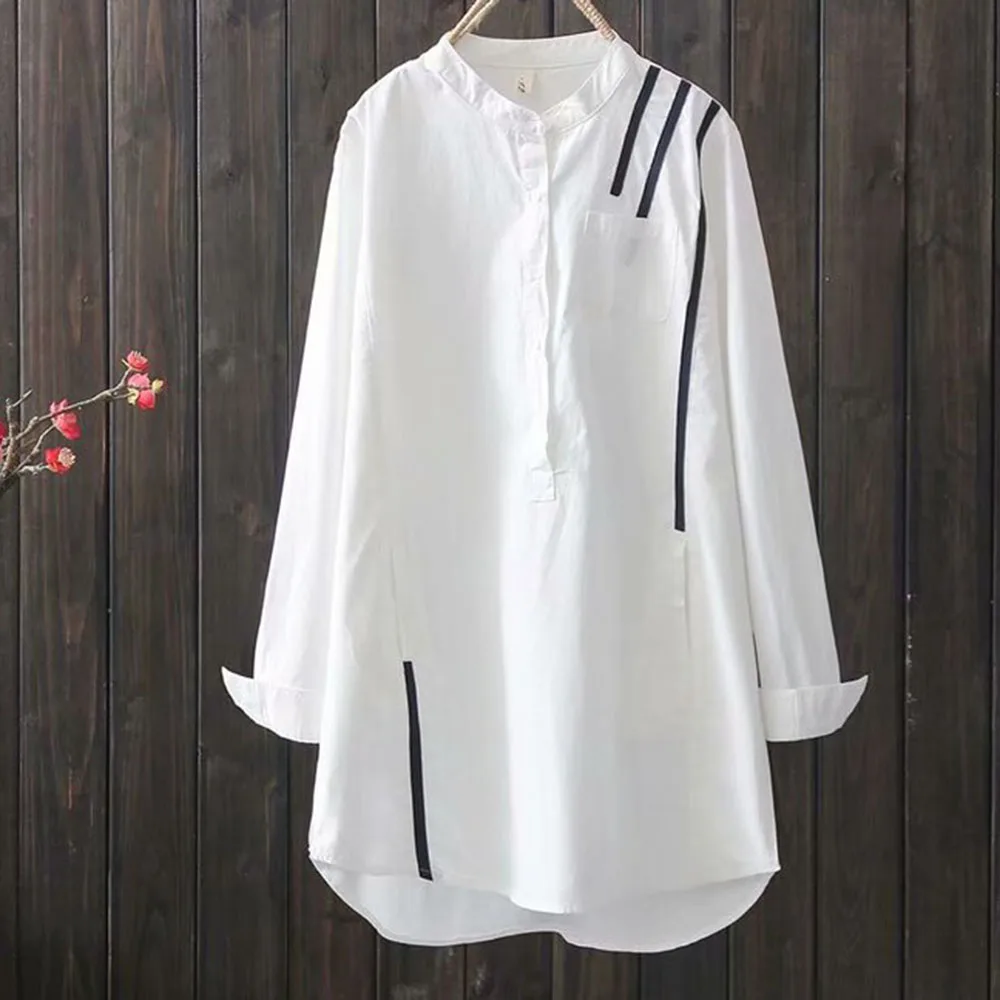 

2021 Spring Japanese Simple Double Stripe Mid-length Loose Collar Long-sleeved White Shirt Women's Round-neck Casual Blouse
