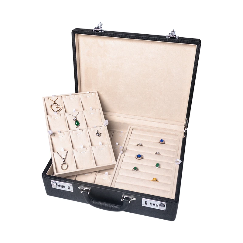 Black PU Leather Jewelry Box Portable Handle With Combination Lock Advanced Storage Jewelry Sales Transportation Protection