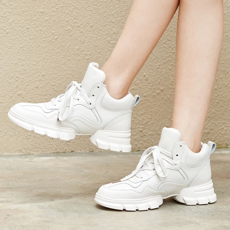 

Prova Perfetto Genuine Leather Women Shoes Lace-Up High-Top Solid Color Thick Bottom Sneakers Fashion Flat Hoes Casual Female