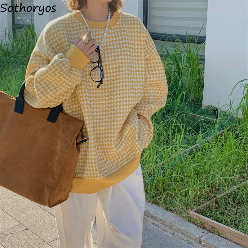 Autumn Long Sleeve Sweatshirts Women Houndstooth Vintage Korean Oversized Lazy O-neck Hoodie Student Chic All-match Tops Trendy | Женская