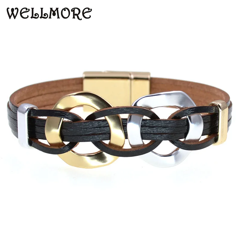 

WELLMORE Simple leather bracelets for women Zinc alloy metal charm bracelets Magnet bohemia bracelets fashion female jewelry