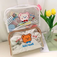 simple girl waterproof transparent zipper pencil case stationery bag entrance examination high school make up storage bear case