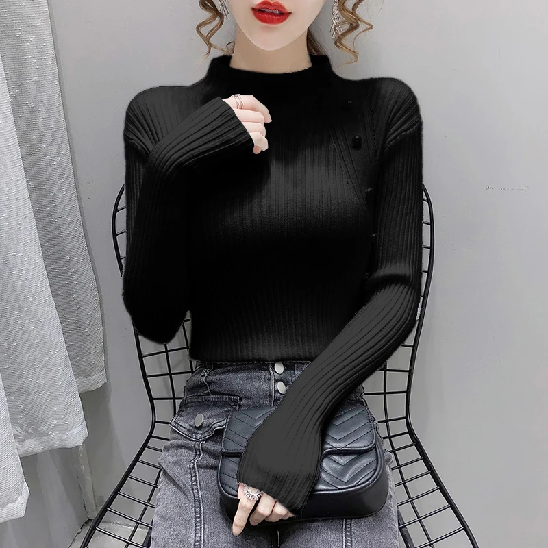 

HKCP Casual Women Sweater Solid Thick Half Turtleneck Button Slimming Office Lady Knitted Long Sleeve Pullovers Winter Clothes