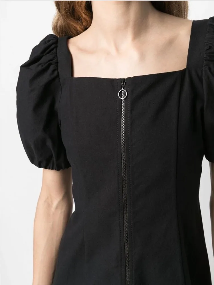 

Black Dress 2021 New Arrival Hot Sale Simple Zipper Dresses For Women Summer Folds Puff Sleeve Slim A line Mid Calf Dress
