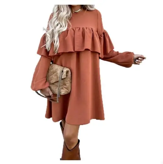 

European and American Women Autumn Princess Pure Color Fashion Casual Vestidos High Waist Loose Wooden Ears Long Sleeve Dresses