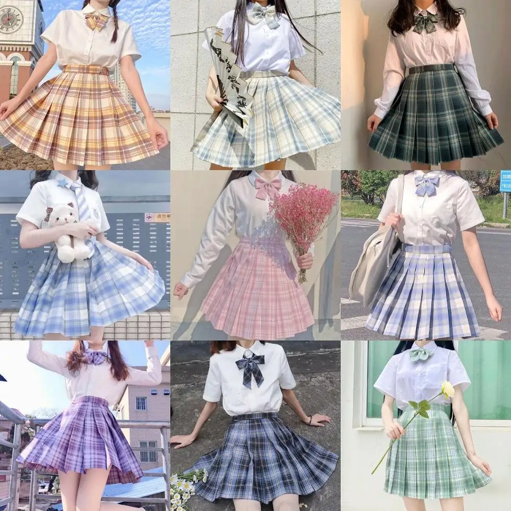 

School Girl Uniform Pleated Skirts Japanese School Uniform High Waist A-Line Plaid Skirt Sexy JK Uniforms for Woman Full set