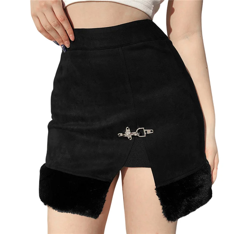 

2021 Womens Skirt Solid Color Irregular Hem Splitting High Waist Dress for Female Black Y2k Clothes Harajuku