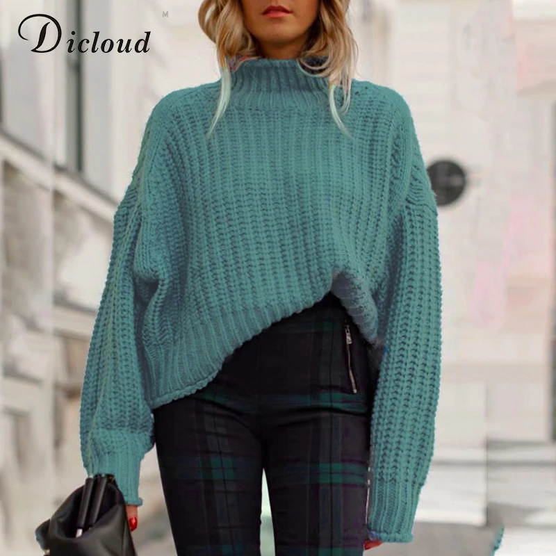 DICLOUD, новинка, Повседневный, водолазка, зеленый, пуловеры для женщин, длинный рукав, однотонный, негабаритный свитер, Осень-зима, джемпер, одежда для женщин